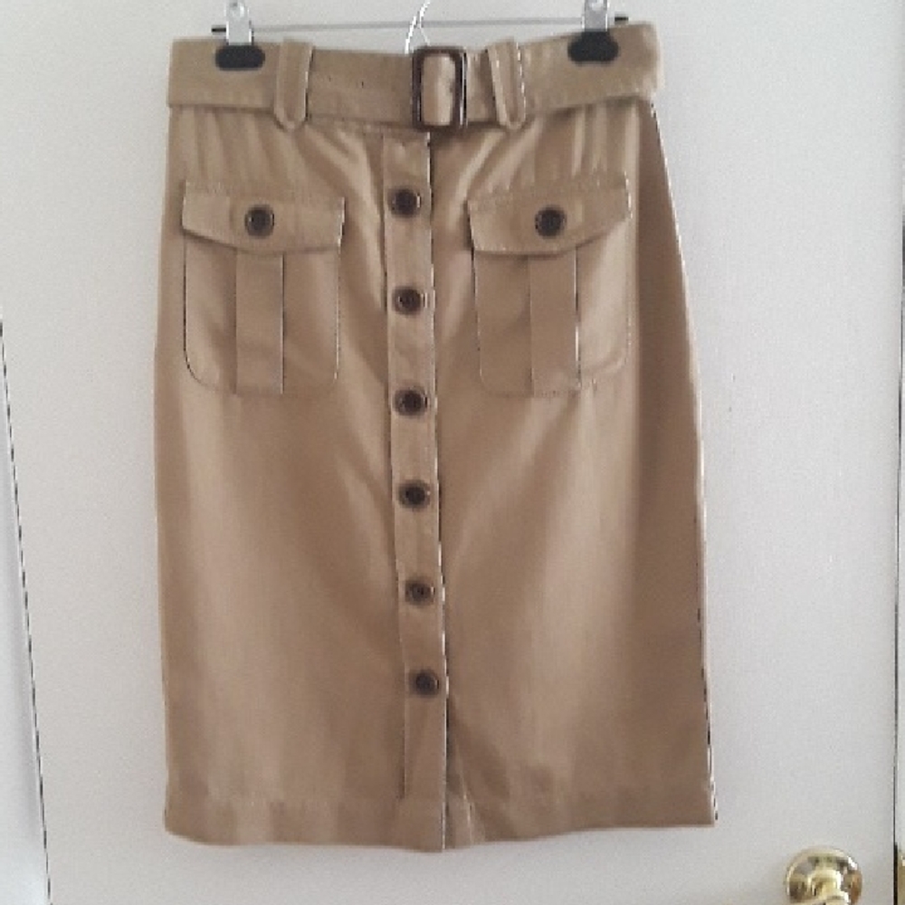 Chic Tan Button-Down Pencil Skirt, 6 CottonLinen